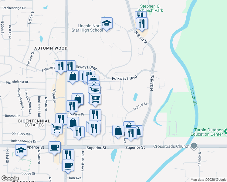 map of restaurants, bars, coffee shops, grocery stores, and more near 3141 North Hill Road in Lincoln