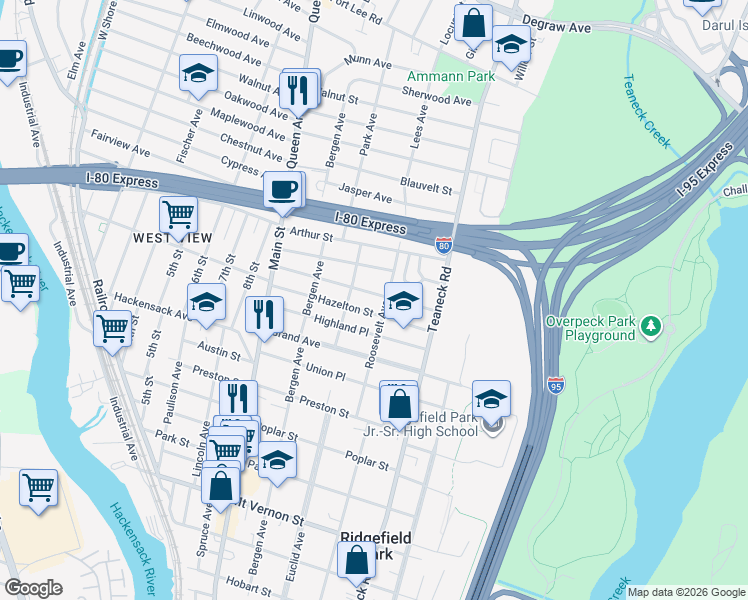map of restaurants, bars, coffee shops, grocery stores, and more near 97 Gordon St in Ridgefield Park