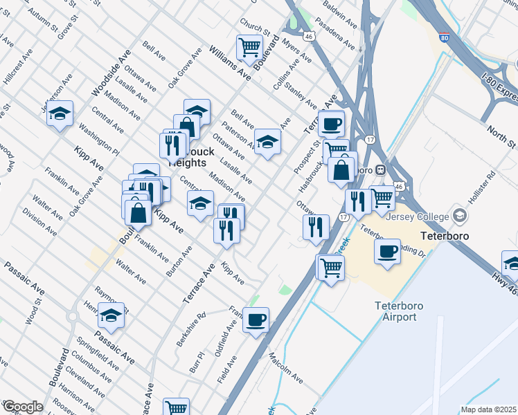 map of restaurants, bars, coffee shops, grocery stores, and more near 415 Madison Avenue in Hasbrouck Heights