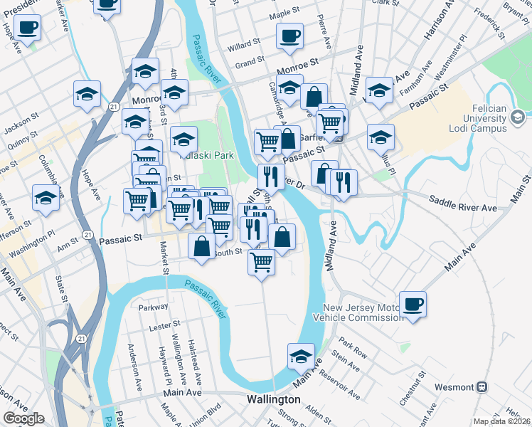 map of restaurants, bars, coffee shops, grocery stores, and more near 190 8th Street in Passaic