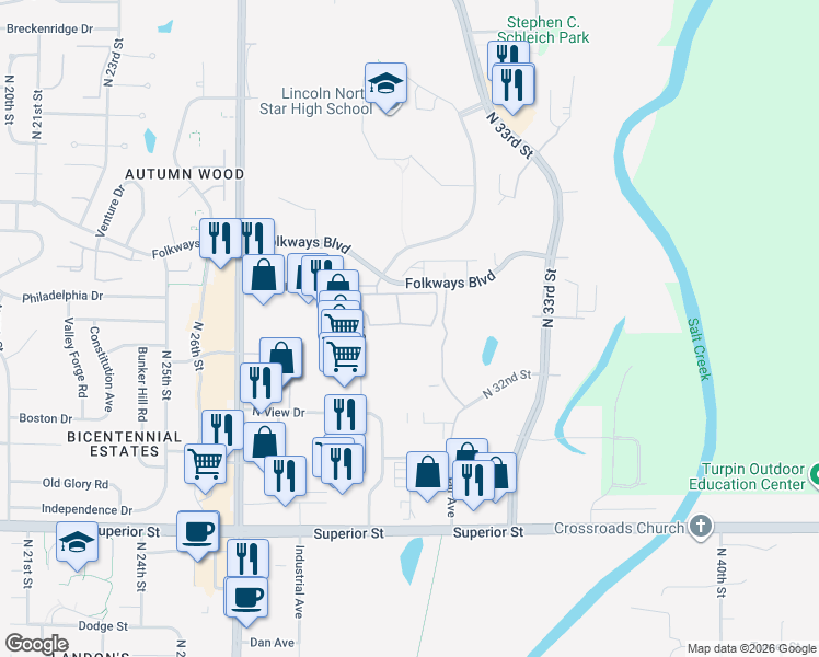 map of restaurants, bars, coffee shops, grocery stores, and more near 3141 North Hill Road in Lincoln