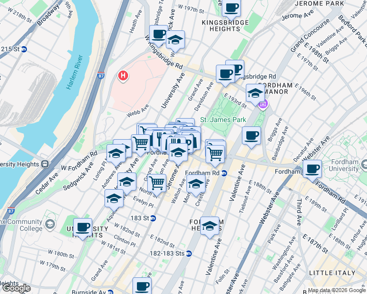 map of restaurants, bars, coffee shops, grocery stores, and more near 25 West Fordham Road in Bronx