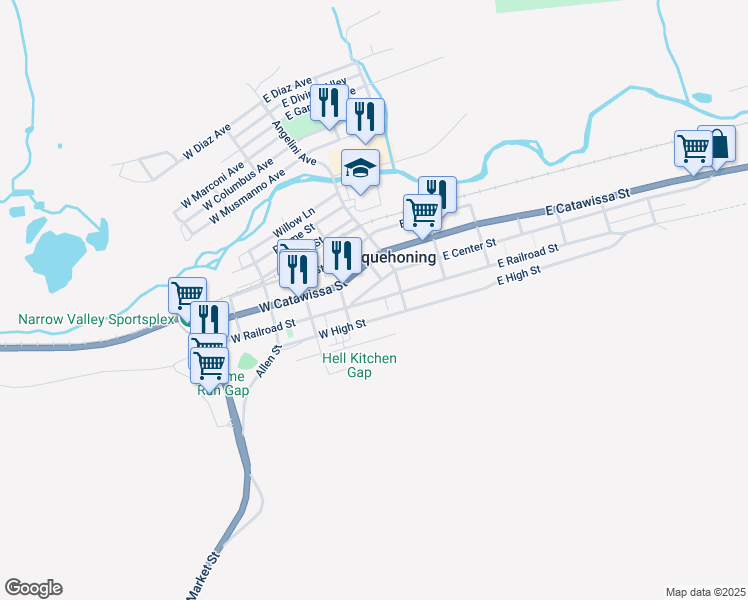 map of restaurants, bars, coffee shops, grocery stores, and more near 49 West Railroad Street in Nesquehoning