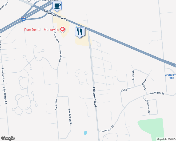 map of restaurants, bars, coffee shops, grocery stores, and more near 44 Ava Court in Manorville