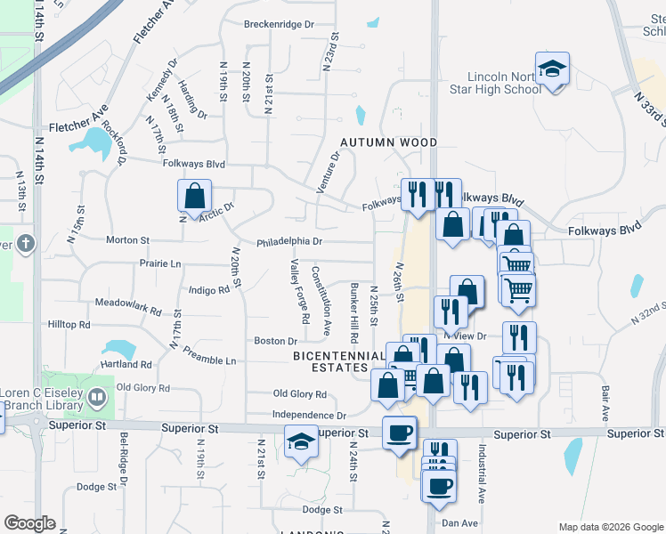 map of restaurants, bars, coffee shops, grocery stores, and more near 2315 Liberty Bell Lane in Lincoln