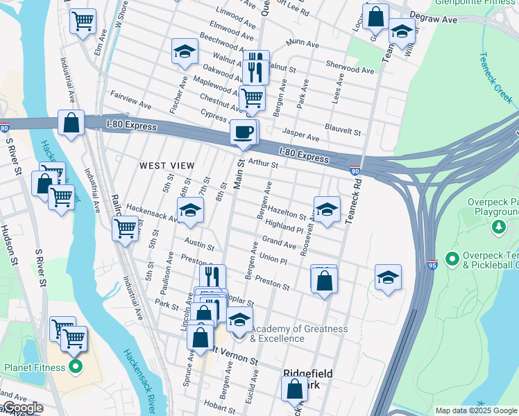 map of restaurants, bars, coffee shops, grocery stores, and more near 37 Hazelton Street in Ridgefield Park