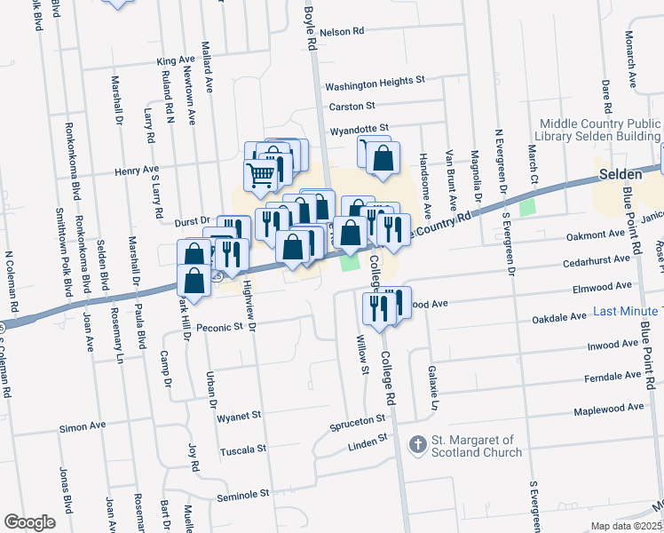 map of restaurants, bars, coffee shops, grocery stores, and more near 1064 Middle Country Road in Selden