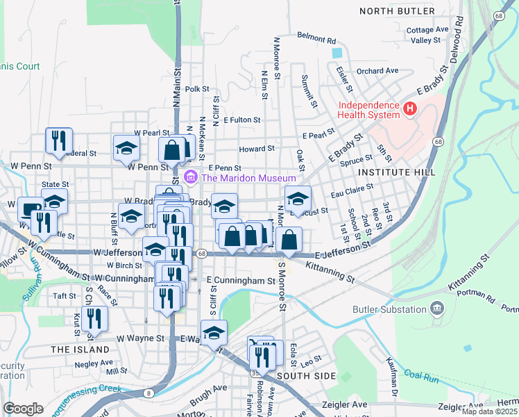 map of restaurants, bars, coffee shops, grocery stores, and more near 324 E Locust St in Butler