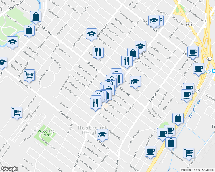 map of restaurants, bars, coffee shops, grocery stores, and more near 151 Jefferson Avenue in Hasbrouck Heights