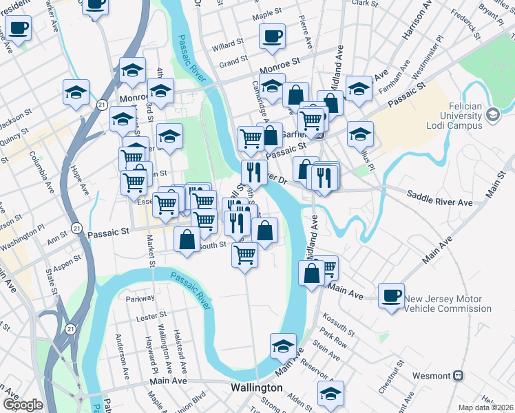 map of restaurants, bars, coffee shops, grocery stores, and more near 48 Passaic Street in Passaic