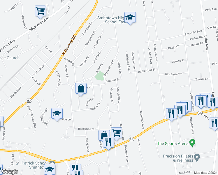 map of restaurants, bars, coffee shops, grocery stores, and more near 8 Shetland Lane in Saint James