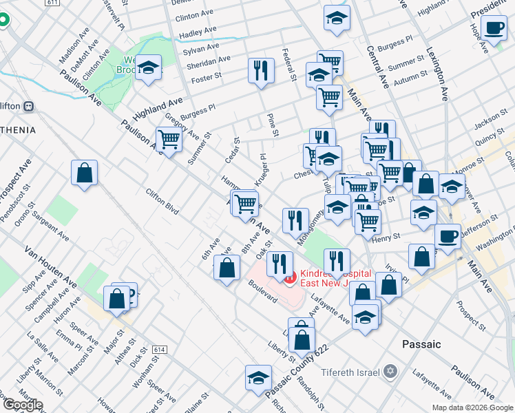 map of restaurants, bars, coffee shops, grocery stores, and more near 67 Hammond Avenue in Passaic