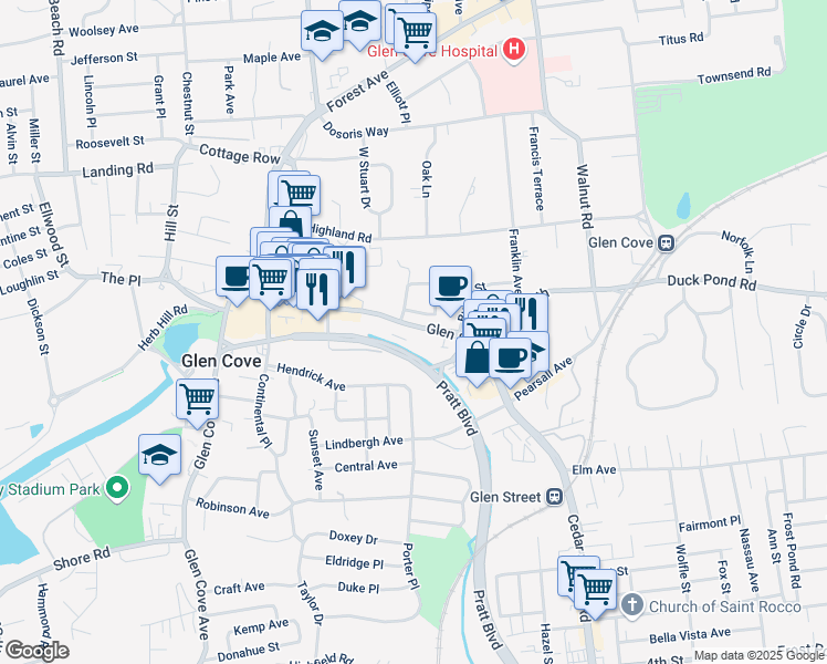 map of restaurants, bars, coffee shops, grocery stores, and more near 130 Glen Street in Glen Cove