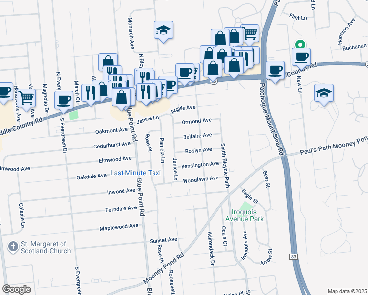 map of restaurants, bars, coffee shops, grocery stores, and more near 33 Roslyn Avenue in Selden
