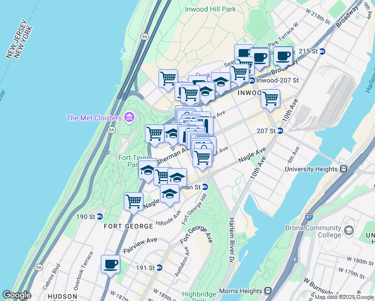 map of restaurants, bars, coffee shops, grocery stores, and more near 65 Sherman Avenue in New York