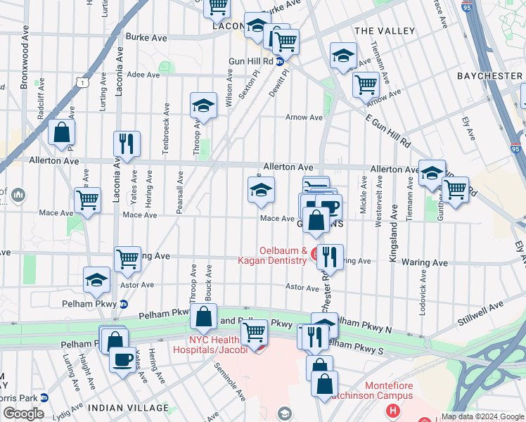 map of restaurants, bars, coffee shops, grocery stores, and more near 1375 Mace Avenue in The Bronx