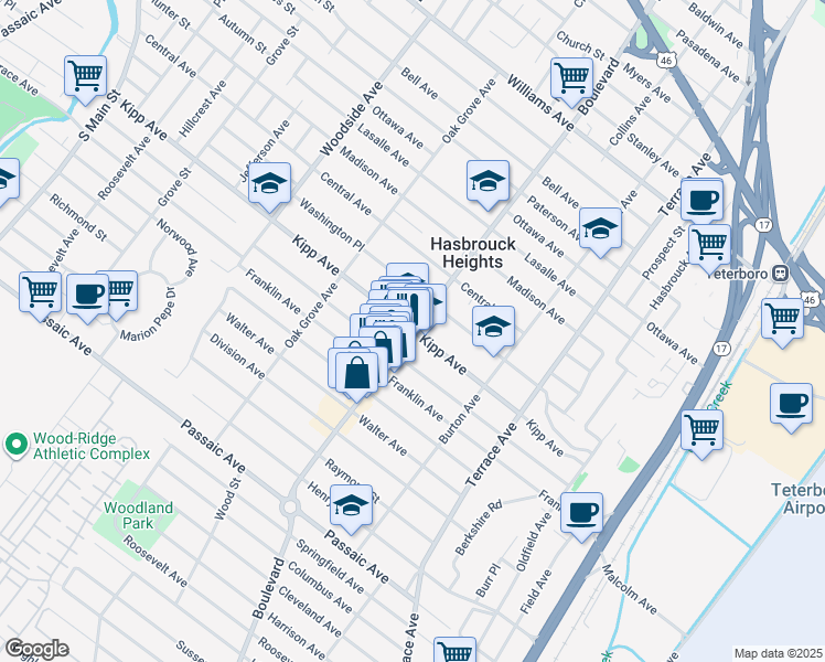 map of restaurants, bars, coffee shops, grocery stores, and more near Boulevard & Kipp Avenue in Hasbrouck Heights