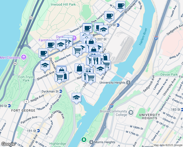 map of restaurants, bars, coffee shops, grocery stores, and more near 10th Ave & W 205th St in New York