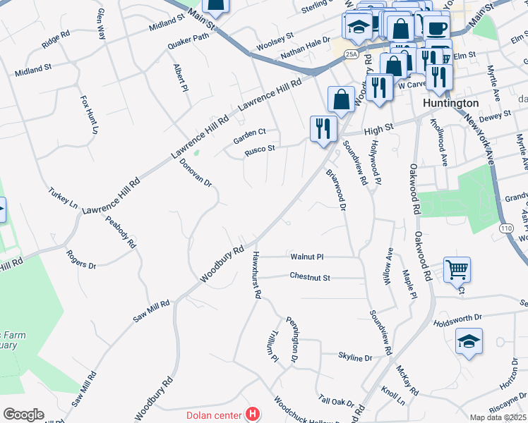map of restaurants, bars, coffee shops, grocery stores, and more near 263 Woodbury Road in Huntington