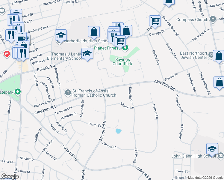 map of restaurants, bars, coffee shops, grocery stores, and more near 50 Clay Pitts Road in Greenlawn