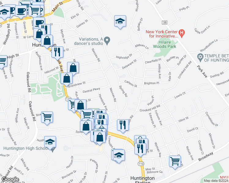 map of restaurants, bars, coffee shops, grocery stores, and more near 252 Nassau Road in Huntington