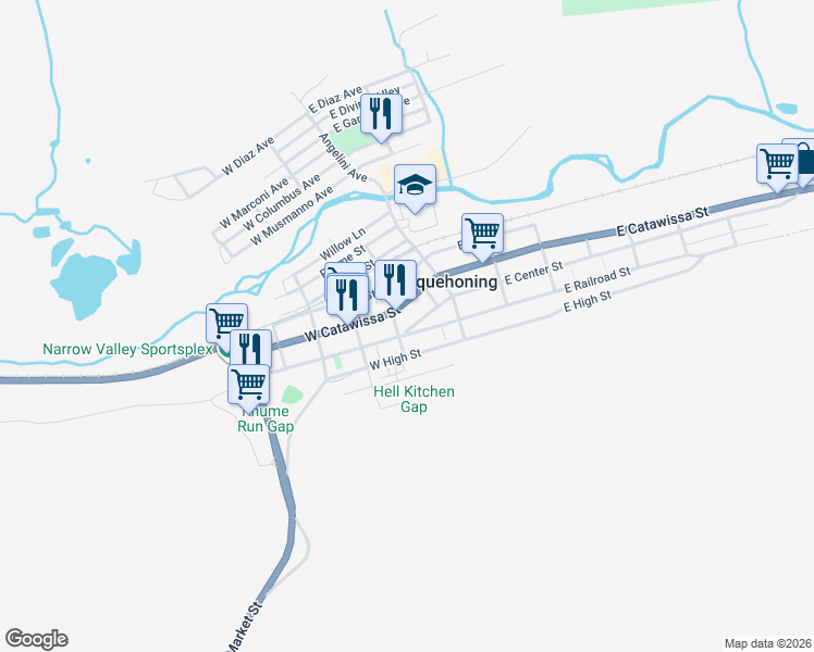 map of restaurants, bars, coffee shops, grocery stores, and more near 106 West Railroad Street in Nesquehoning