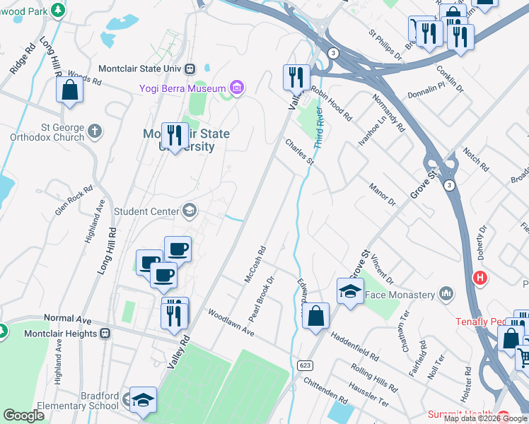 map of restaurants, bars, coffee shops, grocery stores, and more near 1175 Valley Road in Clifton