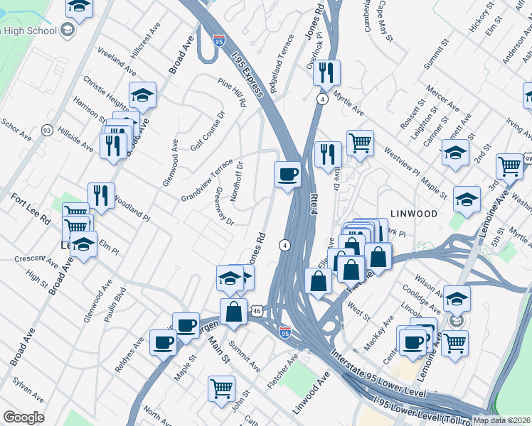 map of restaurants, bars, coffee shops, grocery stores, and more near 445 Ridgeland Terrace in Leonia