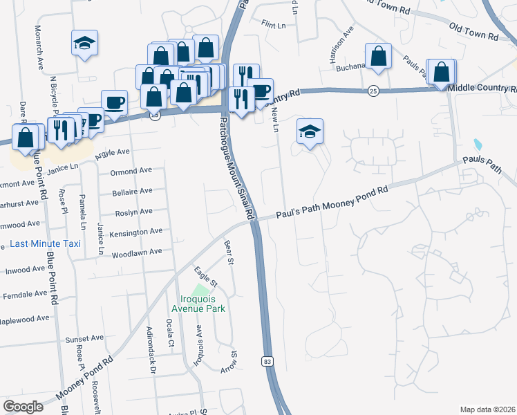 map of restaurants, bars, coffee shops, grocery stores, and more near 101 Mooney Pond Road in Selden