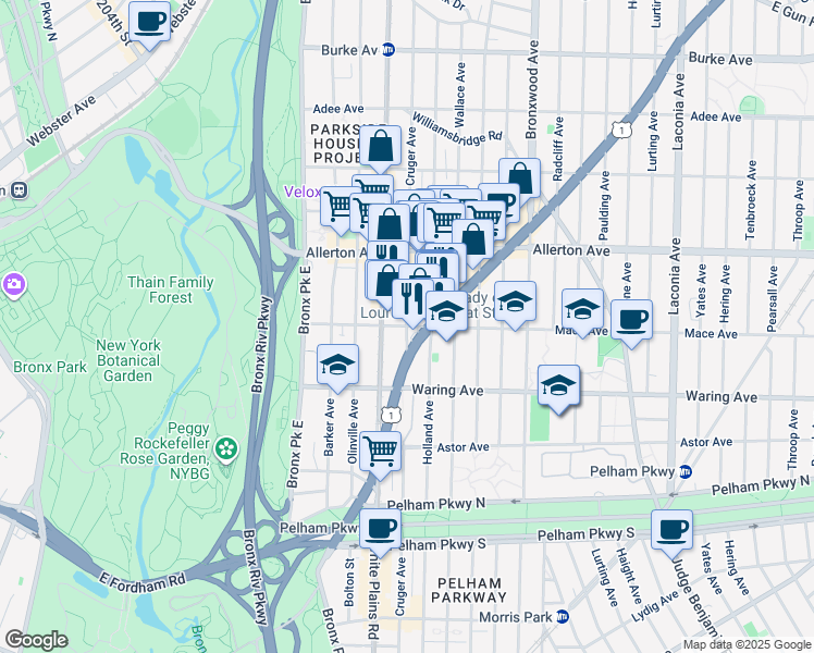 map of restaurants, bars, coffee shops, grocery stores, and more near Mace Avenue & Cruger Avenue in Bronx