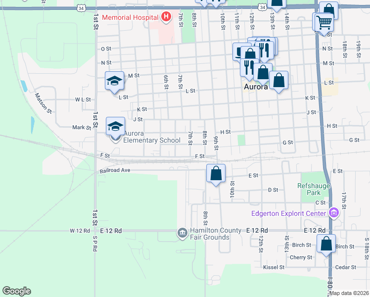 map of restaurants, bars, coffee shops, grocery stores, and more near 703 7th Street in Aurora