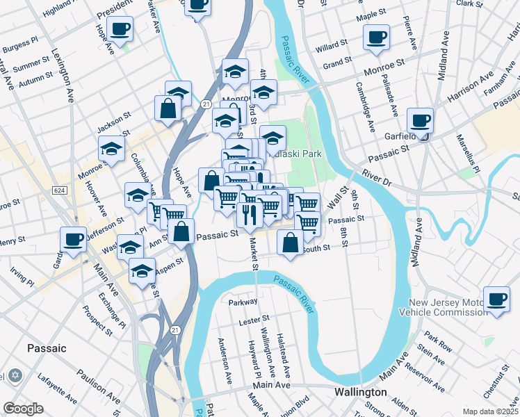 map of restaurants, bars, coffee shops, grocery stores, and more near 53 Market Street in Passaic