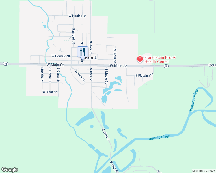 map of restaurants, bars, coffee shops, grocery stores, and more near 305 South Maple Street in Brook