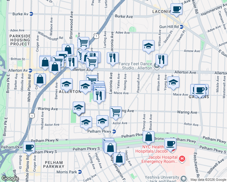 map of restaurants, bars, coffee shops, grocery stores, and more near 1105 Mace Avenue in Bronx
