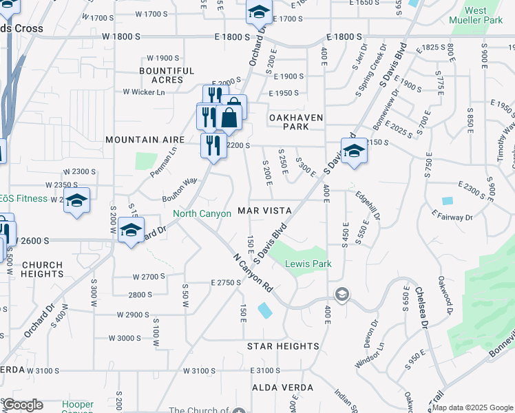 map of restaurants, bars, coffee shops, grocery stores, and more near 2480 150 East in Bountiful