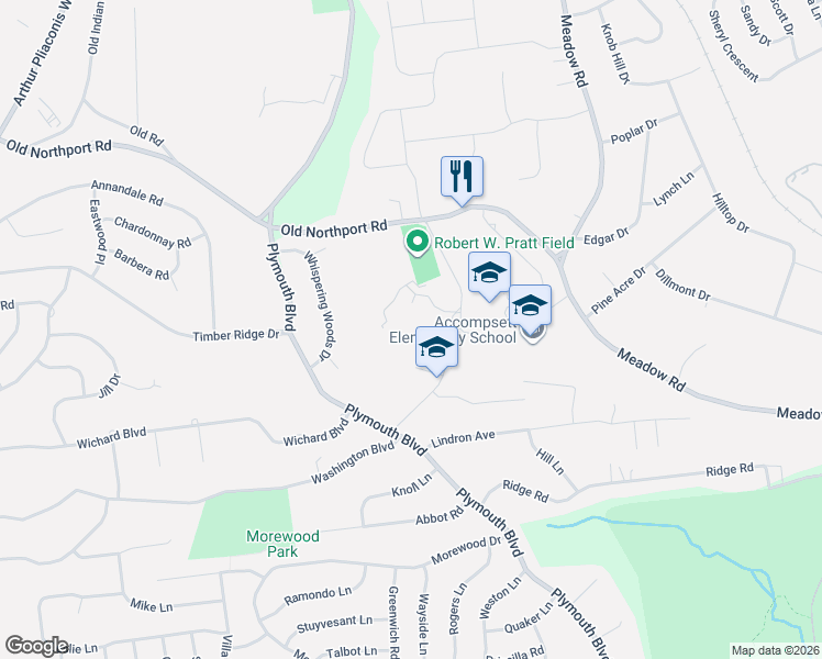 map of restaurants, bars, coffee shops, grocery stores, and more near 100 Central Road in Smithtown