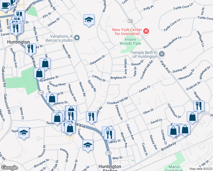 map of restaurants, bars, coffee shops, grocery stores, and more near 39 Virginia Avenue in Huntington