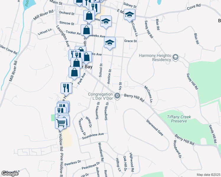 map of restaurants, bars, coffee shops, grocery stores, and more near 130 Berry Hill Road in Oyster Bay