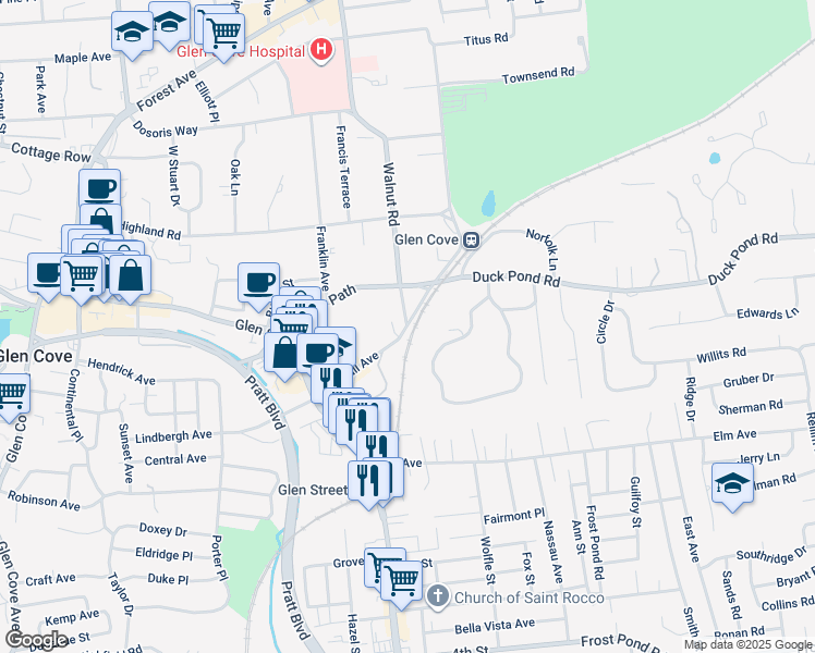 map of restaurants, bars, coffee shops, grocery stores, and more near 6 Meadow Spring Lane in Glen Cove