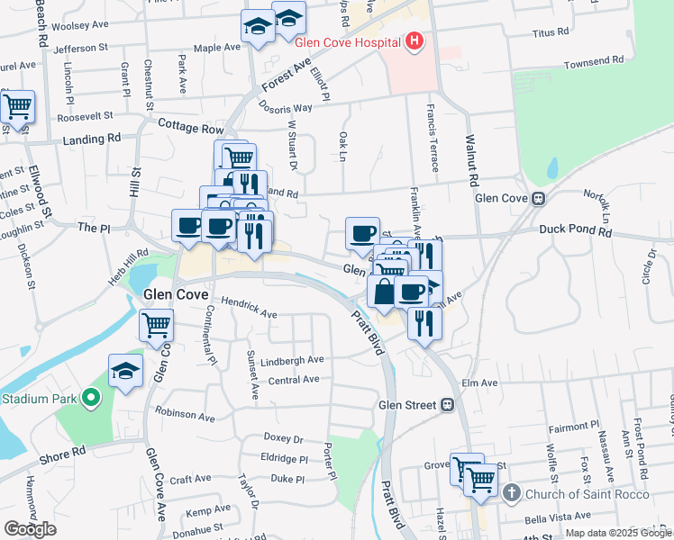 map of restaurants, bars, coffee shops, grocery stores, and more near 130 Glen Street in Glen Cove