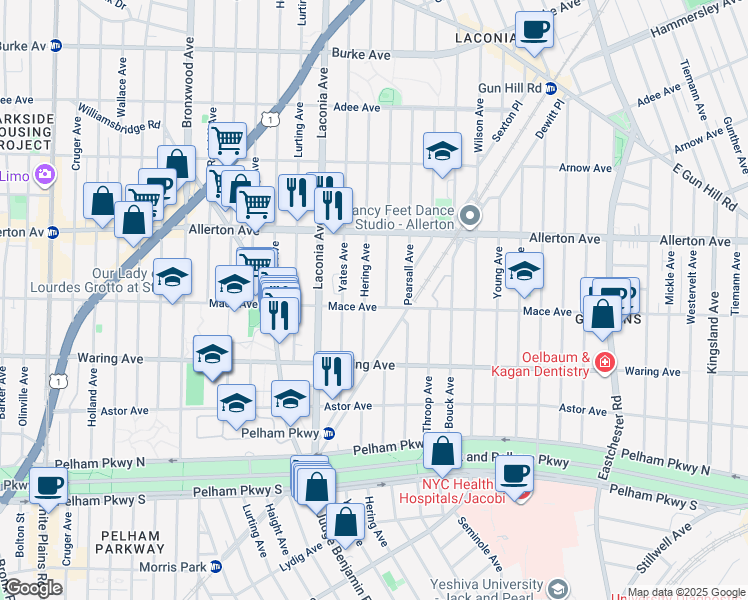 map of restaurants, bars, coffee shops, grocery stores, and more near 1145 Mace Avenue in Bronx