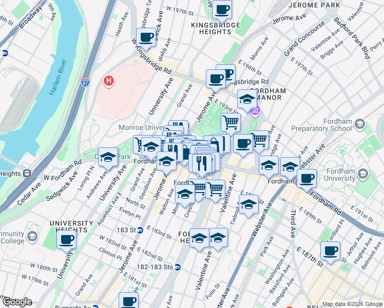 map of restaurants, bars, coffee shops, grocery stores, and more near 58 East 190th Street in Bronx