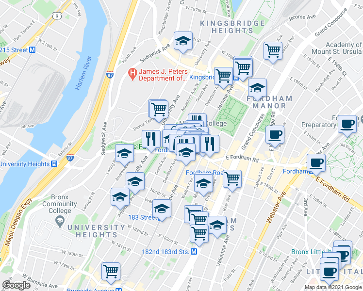 map of restaurants, bars, coffee shops, grocery stores, and more near 25 West Fordham Road in Bronx
