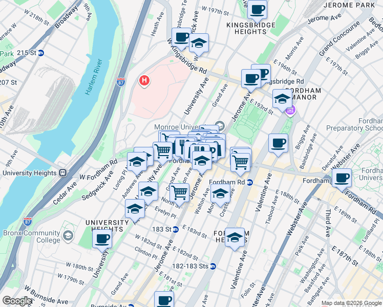 map of restaurants, bars, coffee shops, grocery stores, and more near 25 West Fordham Road in Bronx
