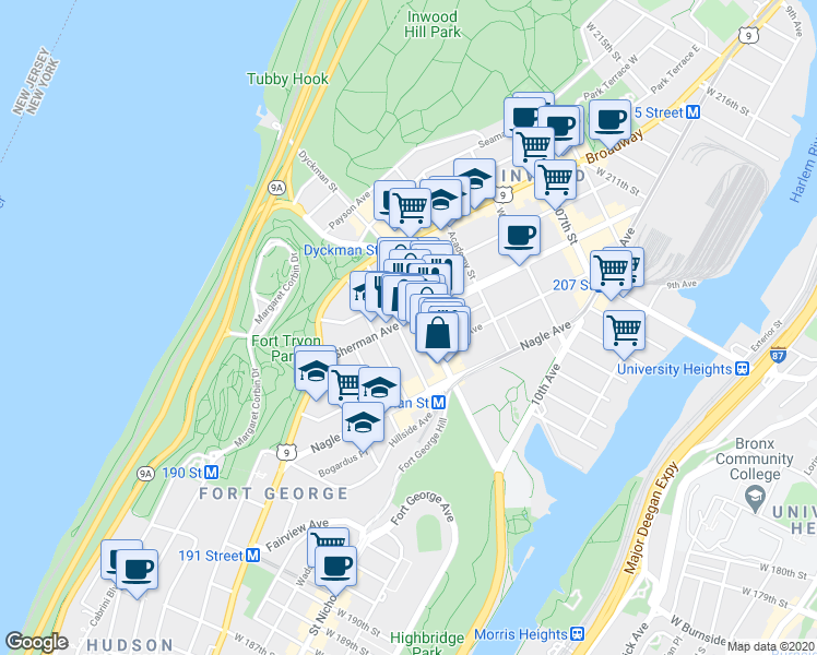 map of restaurants, bars, coffee shops, grocery stores, and more near 156A Dyckman Street in New York