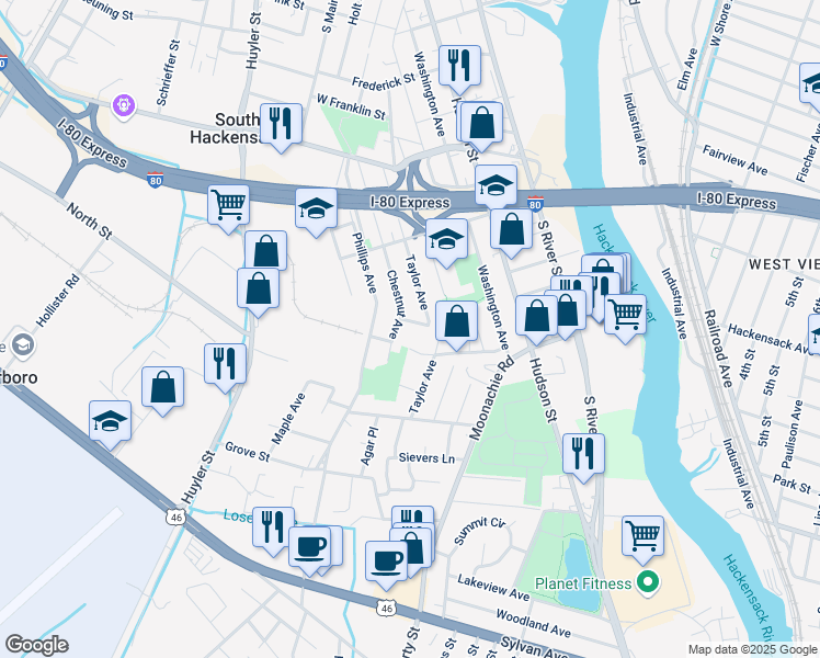 map of restaurants, bars, coffee shops, grocery stores, and more near 460 Chestnut Avenue in South Hackensack