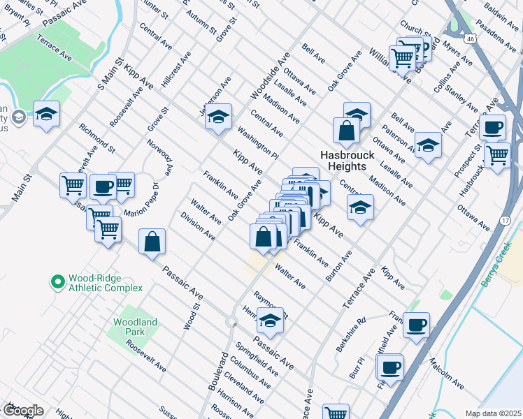 map of restaurants, bars, coffee shops, grocery stores, and more near 116 Franklin Avenue in Hasbrouck Heights
