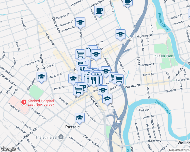 map of restaurants, bars, coffee shops, grocery stores, and more near 39 Hoover Avenue in Passaic
