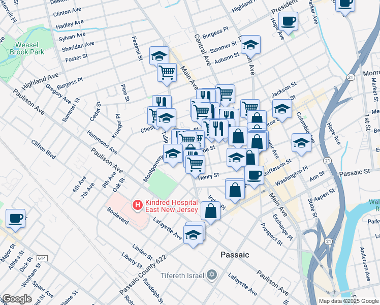 map of restaurants, bars, coffee shops, grocery stores, and more near 54 Myrtle Avenue in Passaic