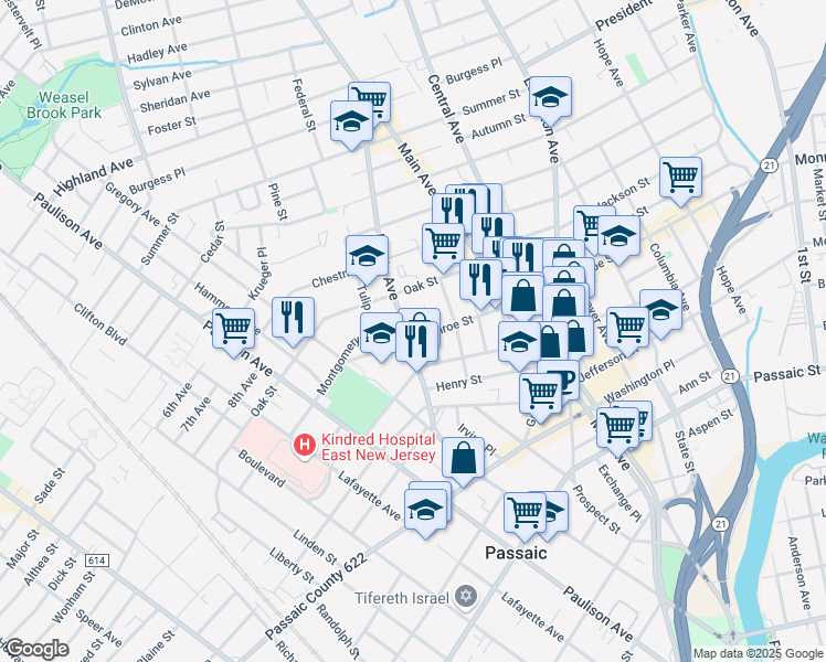 map of restaurants, bars, coffee shops, grocery stores, and more near 54 Myrtle Avenue in Passaic